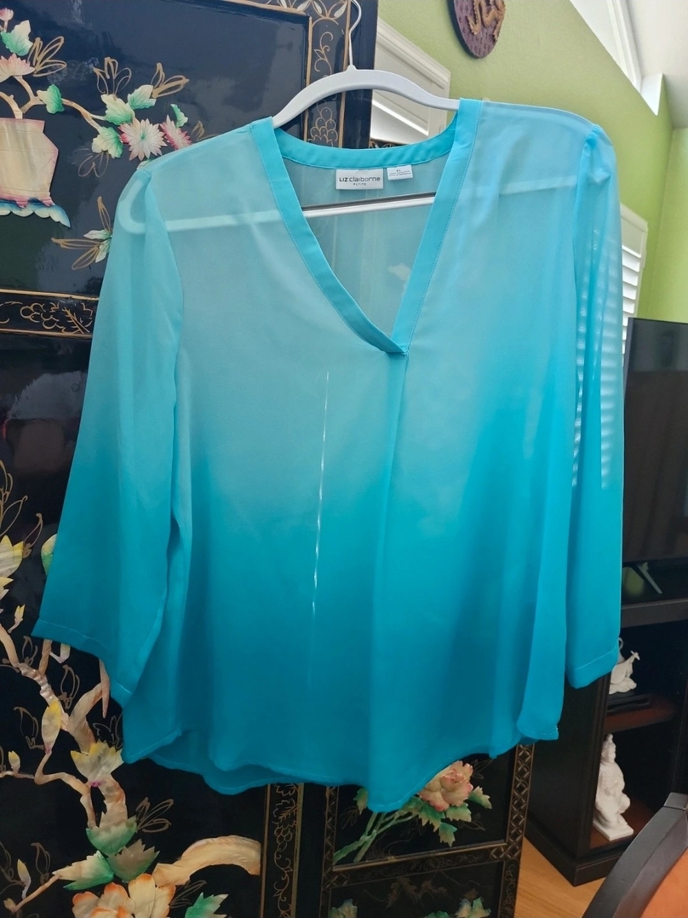 Liz Claiborne Aqua V-Neck Sheer Blouse